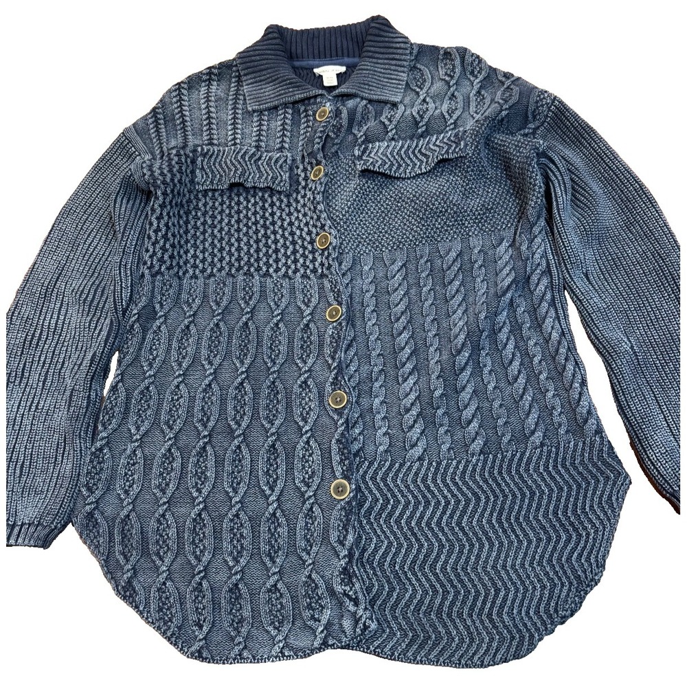 Tribal Jeans blue cotton cardigan sweater chunky patchwork cables women's sz M